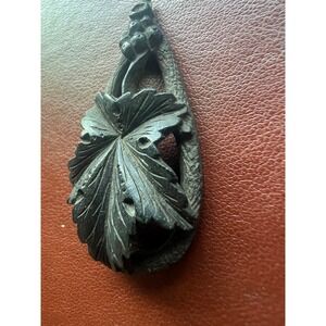 Hand Carved Pendant Bog Oak Leaf Berry Teardrop Black Victorian Style Mourning